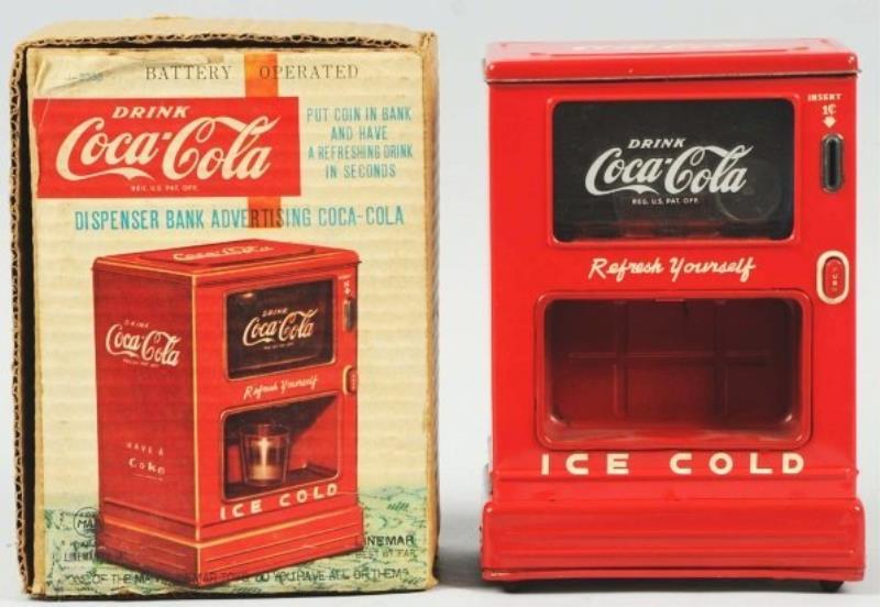 1950s Marx Coca-Cola Tin Toy Dispenser Bank & Box