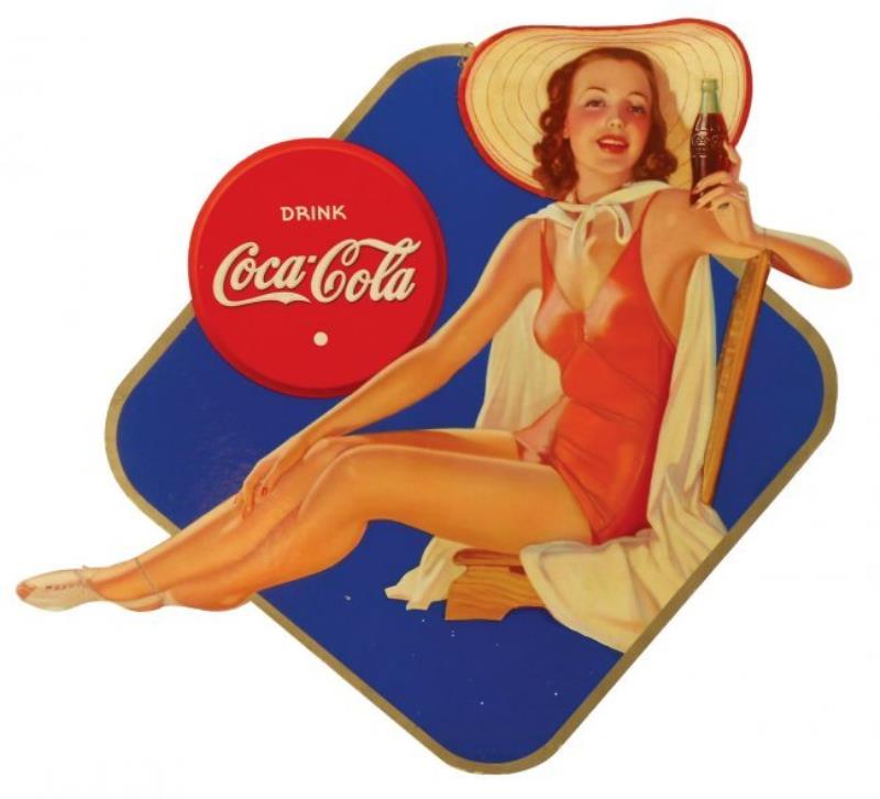 Coca-Cola cdbd cutout, pretty girl in chair w/bottle,