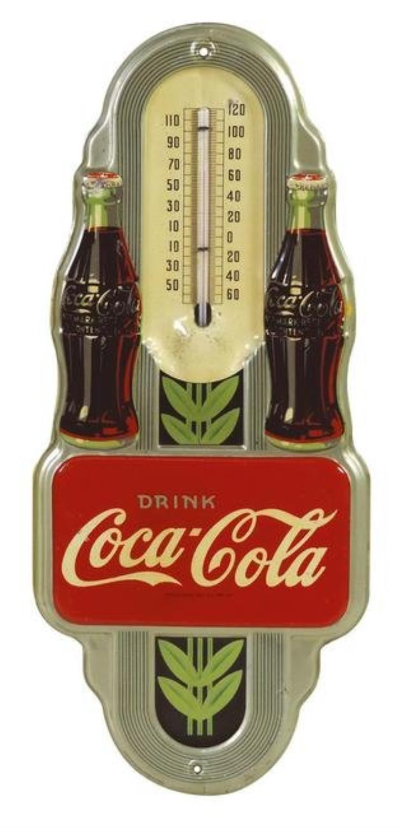 Coca-Cola thermometer, embossed metal w/2 bottles,