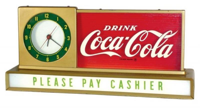 Coca-Cola light-up counter sign w/clock, c.1950,