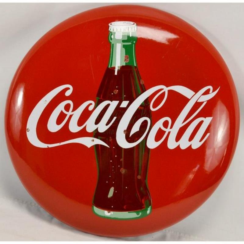 24" Porcelain Coca-Cola Button Sign w/Bottle