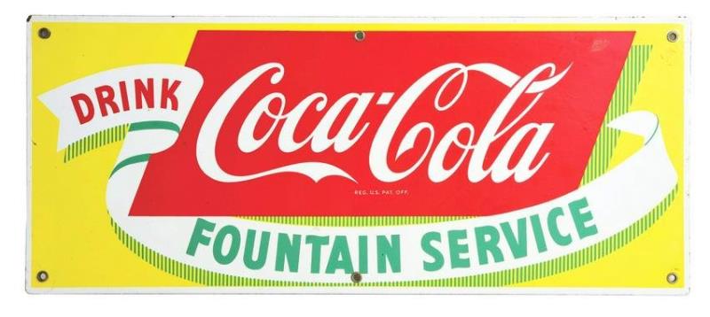 PORCELAIN COCA-COLA FOUNTAIN SERVICE ADVERTISING SIGN.