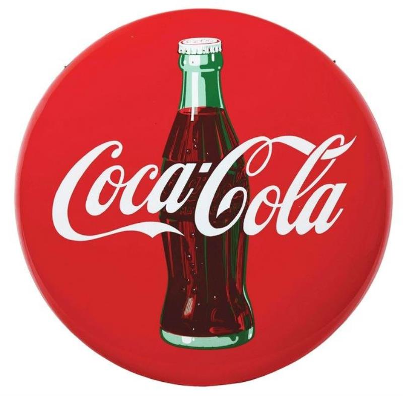 COCA-COLA BUTTON SIGN WITH BOTTLE.